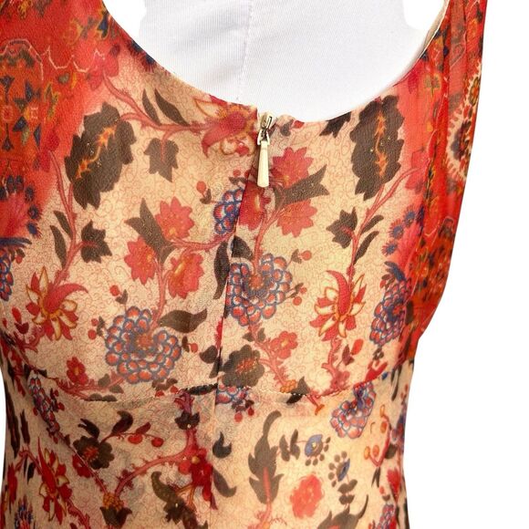 Vintage Y2K Silk Fairy Dress 6 Orange Floral Tiered Faux Wrap  Midi Maggy London - Picture 7 of 9